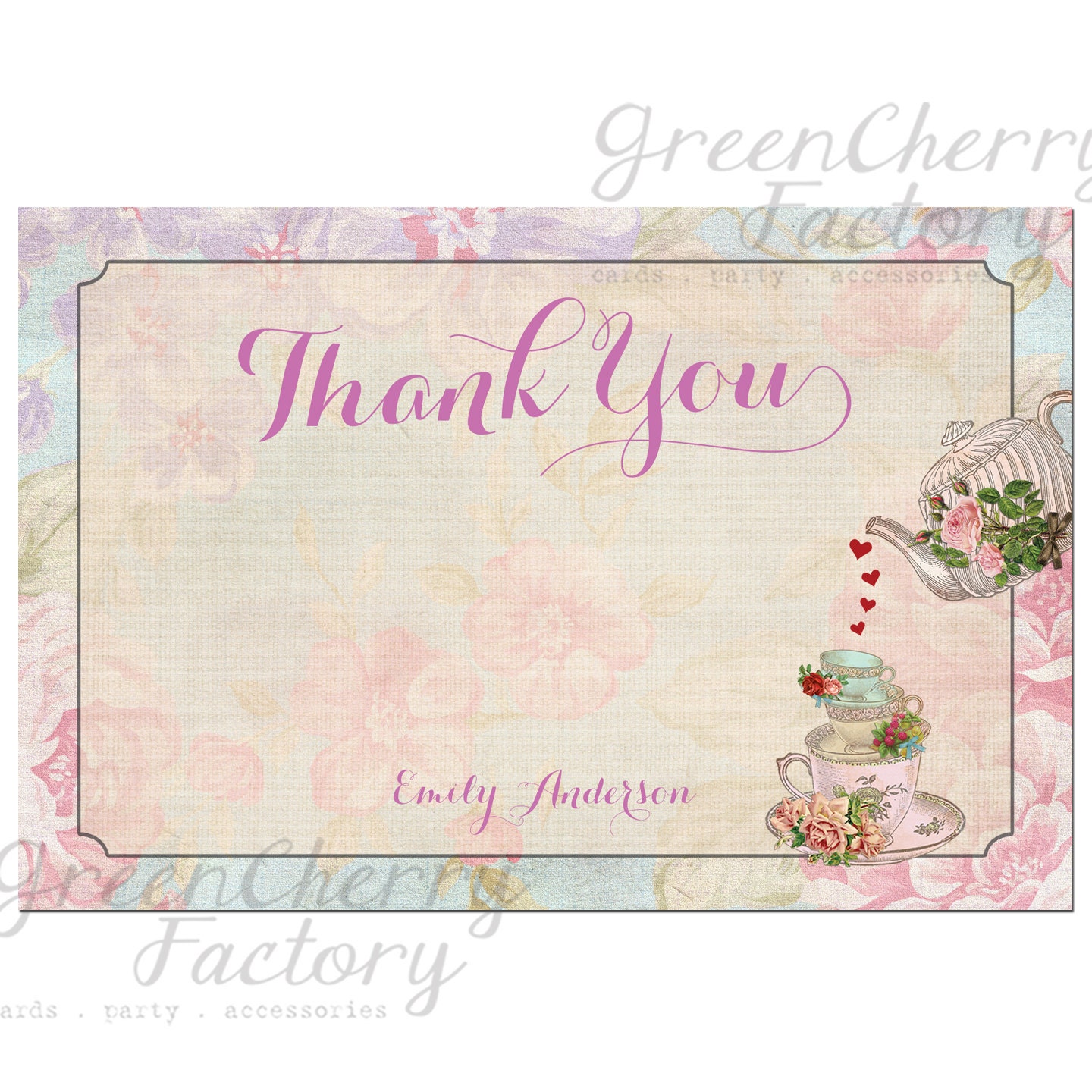 Tea Party Thank You Card - Personalized - Floral Shabby Spring Summer Bridal Shower Baby Shower Tea Party - Printable No.57-3