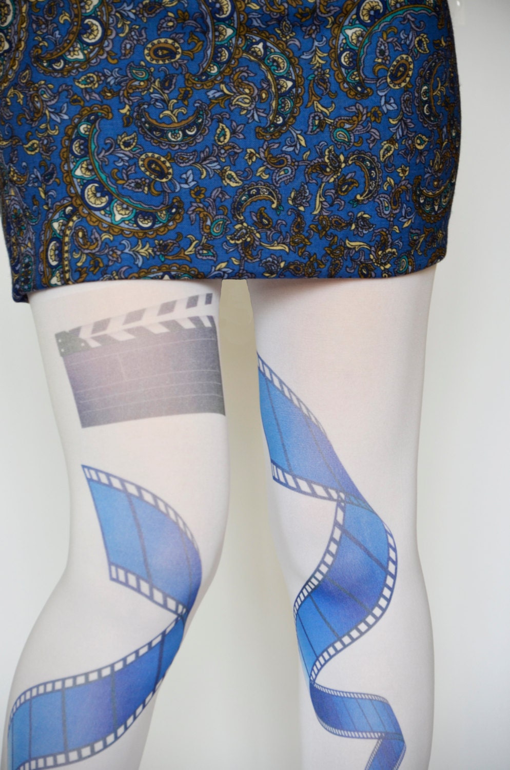 Movie Template White Pantyhose Tights,Navy Blue Cinema Print  Leggings,Movie Scene Applique Pattern Clothing  Tights  Handmade