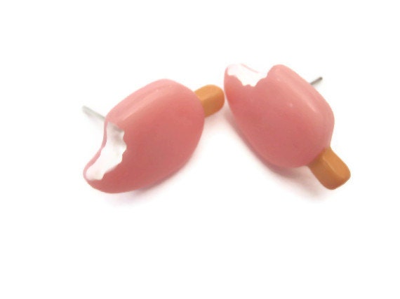 Pink Ice Cream Bar Studs - Ice Cream Earrings - Food Jewelry - Vanilla