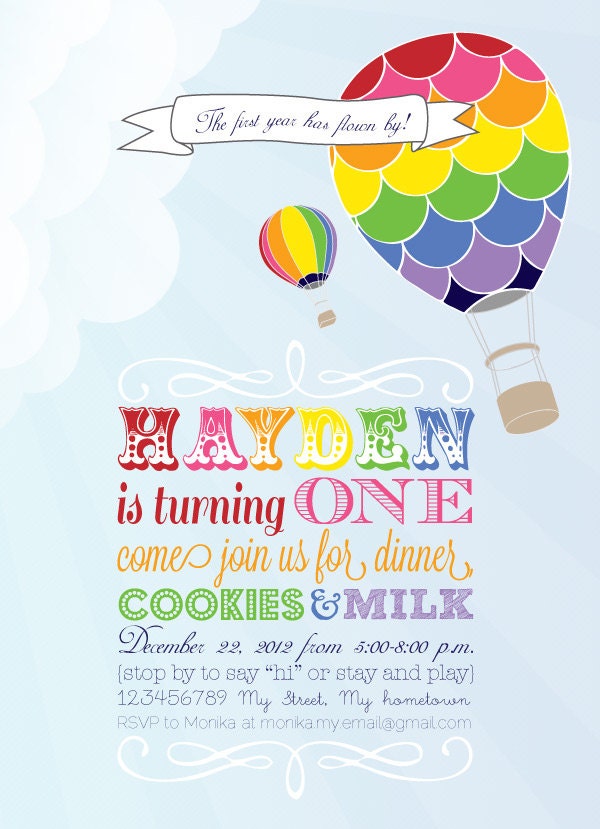Rainbow Hot Air Balloon Printable Invitation