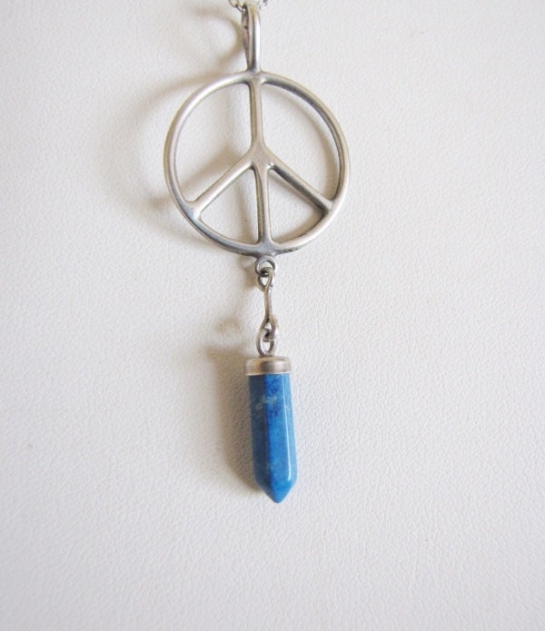 Vintage Sterling Silver & Blue Crystal Mystical Peace Sign Pendant