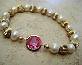 Celebrity Inspired Fresh water Pearl 14K Gold Filled Beaded Pink Swarovski Crystal Charm Stretch Bracelet