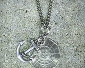NECKLACE PORTUGAL Sun Dial Compass Nautical Sail Boat Ship Anchor charm Foreign silver tone coin money pendant curb chain jewelry men women