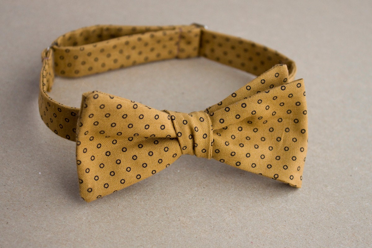 Self-Tie Style Mens Mustard Bow Tie with Black Circles