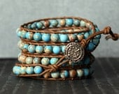wrap bracelet- sky blue sediment jasper on chocolate brown leather - turquoise blue brown