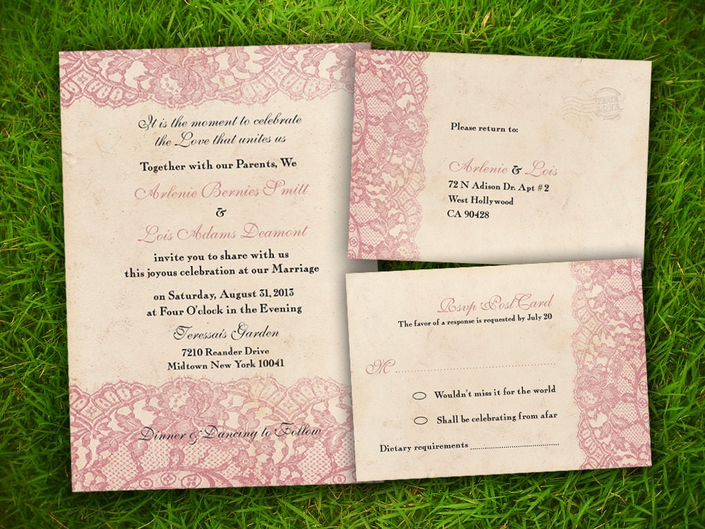 Wedding Invitation and RSVP Card Suite - Vintage Rustic Maroon Plum Lace Customizable Double Sided Print