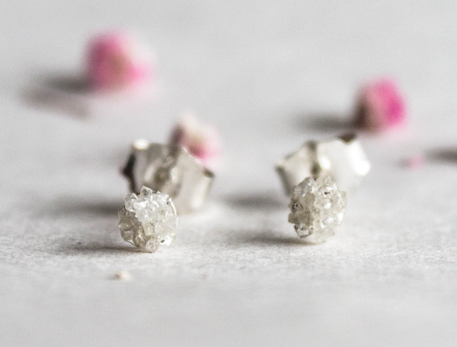 Diamonds sterling silver stud earrings - White raw 1ct diamond sterling silver earrings - wedding glitter