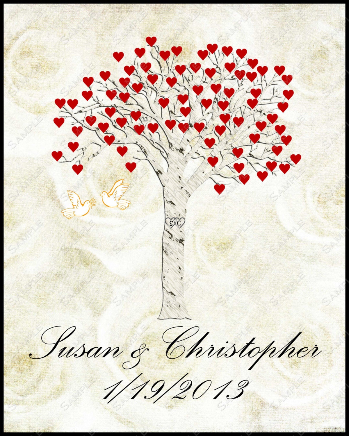 Rose Background Wedding Tree Personalized Print with Hearts & Love Birds
