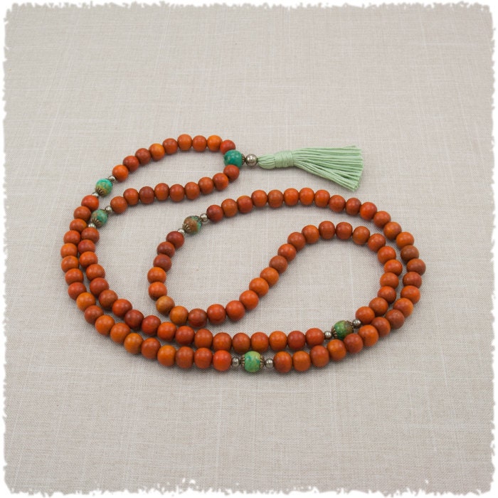 Mala Turquoise Redwood, Meditation Tassel Necklace, 108 Prayer Beads