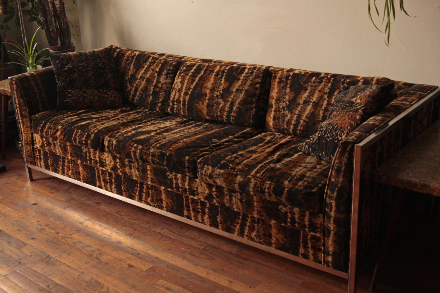 Velvet and Chrome Mid Century Couch