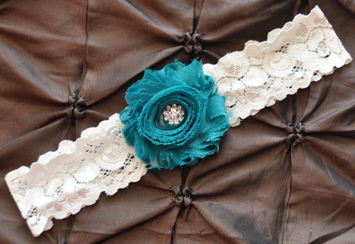 Wedding Garter, Bridal Garter - Ivory Lace Garter, Toss Garter, Shabby Chiffon Rosette Jade Wedding Garter