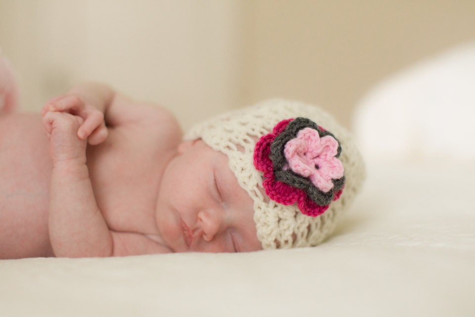 Baby Girl Hat Flower Hat with Lacy Delicate Stitching // Easter & Spring //
