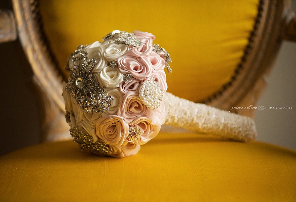 Ice Pink & Antique White Satin Brooch Bridal Bouquet