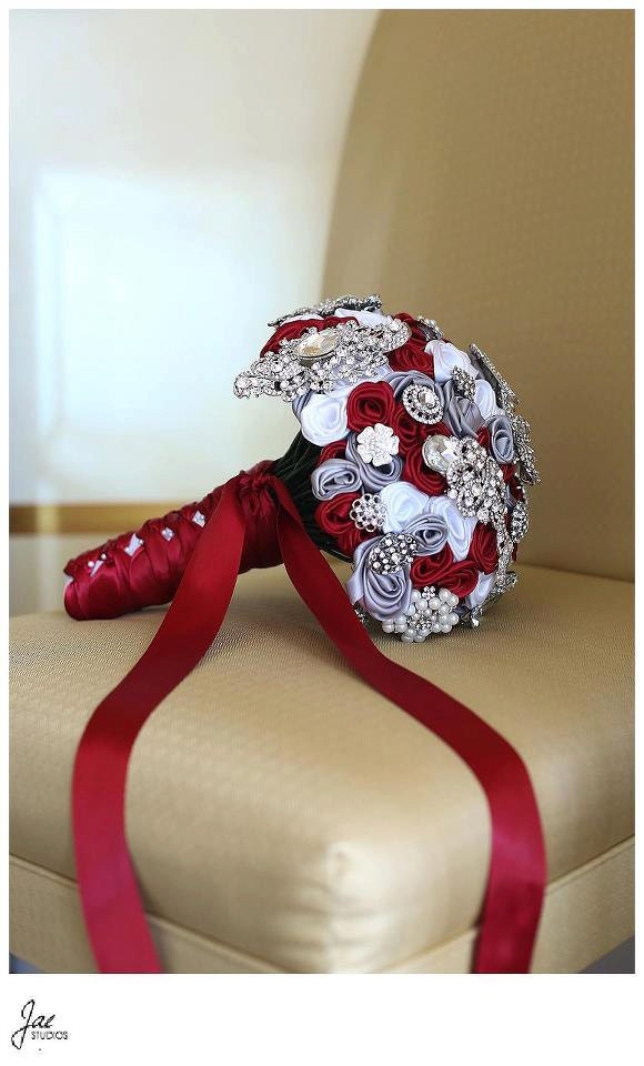 Scarlet Red, Gray, & White Brooch Bridal Wedding Bouquet The Karissa