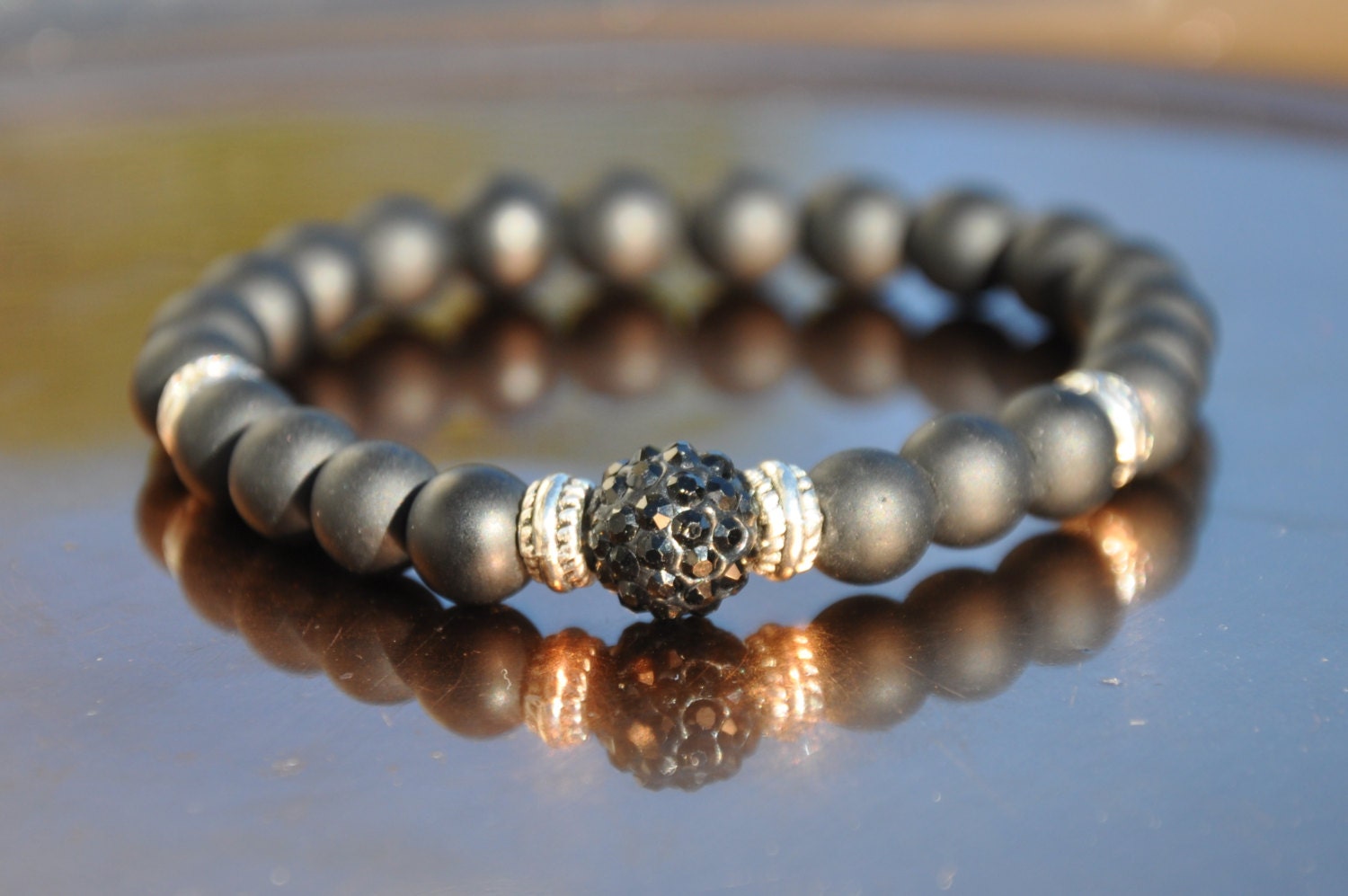 Mens Power Bracelet prayer Beads, Matte Black Onyx beads ,Yoga, Mala Meditation Bracelet , Black Shambala , Rhinestone bead
