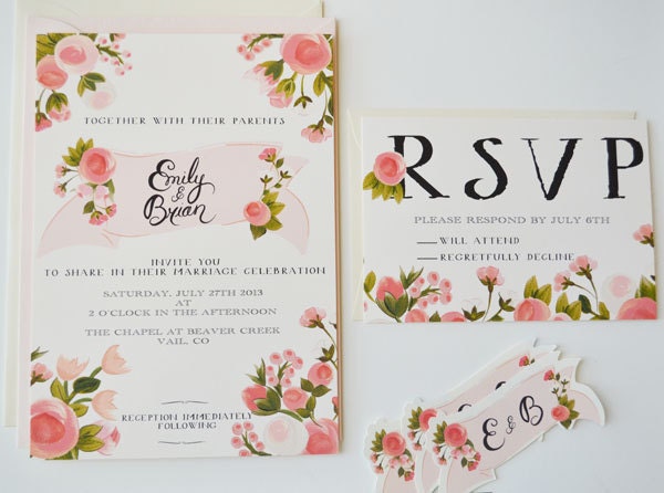Custom Hand Painted Wedding Invitation Suite/ Set of 25-Blush Florals