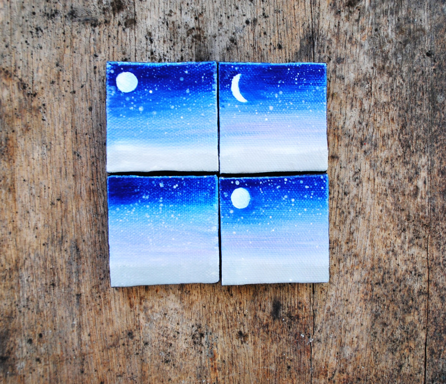 Moon Phases - Set of 4 Original Paintings - 2x2 Miniature Painting.