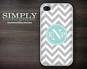 iphone 4 case - iphone 4s case - plastic or silicone rubber - personalized grey and tiffany blue chevron monogram