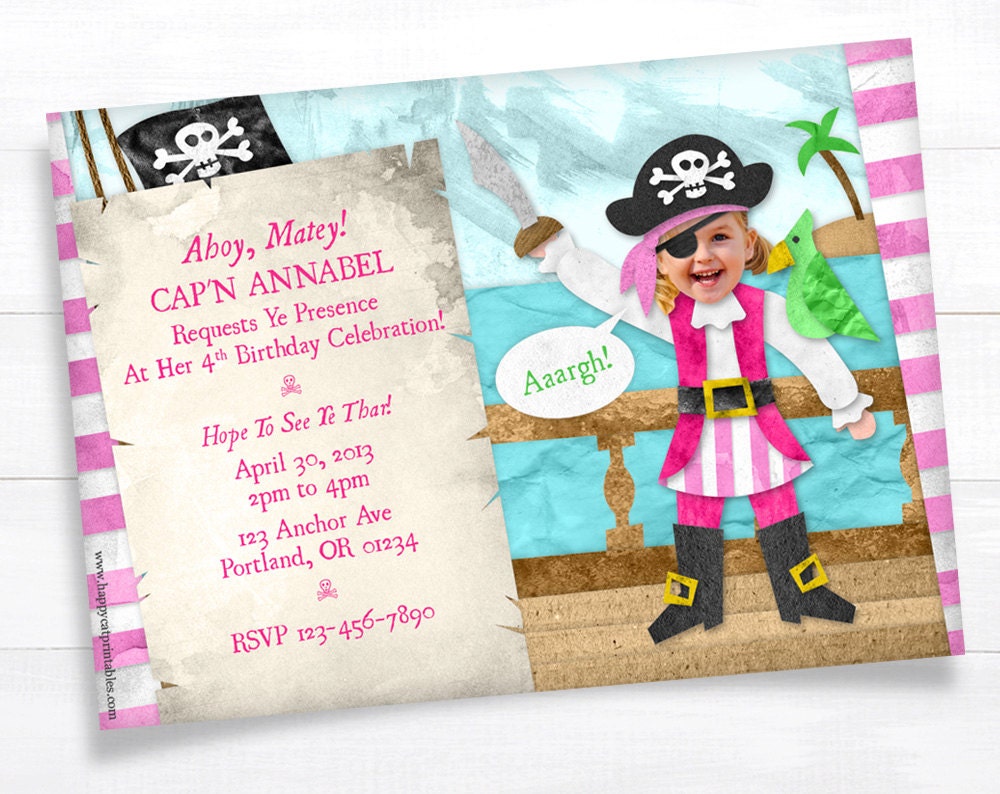 Girl Pirate INVITATION Kid Printable Birthday Invite Personalized Photo Picture Party Supply Children DIY Print Digital File Funny Cool Cute