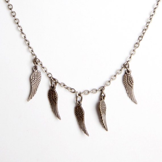 Antique Brass Feather Angel Wings Charm Necklace Minimalist Grunge Jewellery