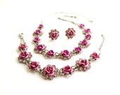 Vintage Avon Rhinestone Flower Set, Rose Floral Necklace, Earrings, Bracelet, Full Parure, Pink, Silver tone
