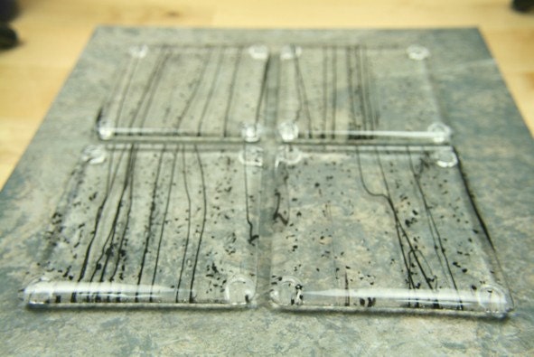 Black streaks,  and Black and White Flakes, Fused Glass Drink Coaster Set of Four  Co3