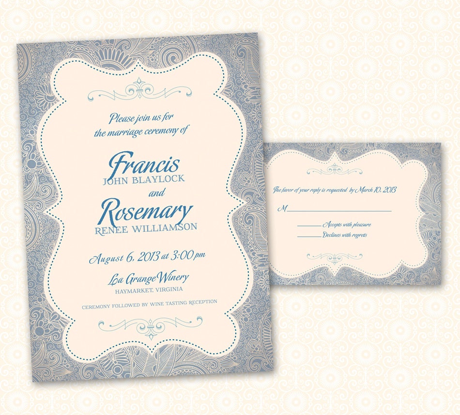 Printable Wedding Invite & RSVP Card - Blue French