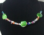 Green Mother of Pearl Beads with Cat's Eye Chips - OOAK - Memory Wire Beaded Necklace Chocker