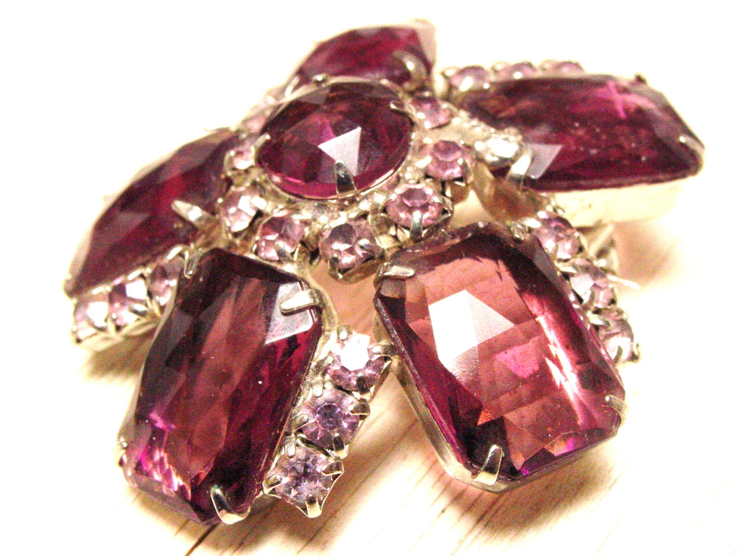 Large Vintage Purple Rhinestone Flower Brooch (retro silver tone 50s 60s big prong-set open back wedding bridal prom spring easter sparkly)