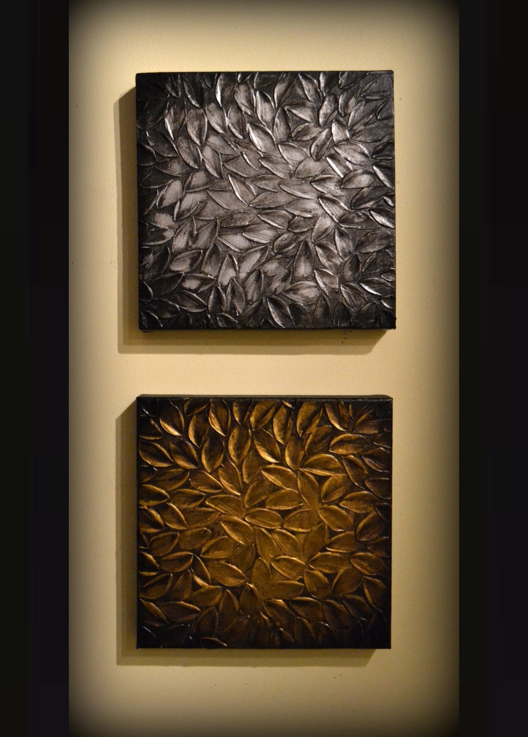 Original Modern Home Decor Sculpture 10x20 Textured Silver Gold Leaves Painting Abstract Palette Knife Art