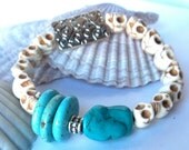 White and Turquoise Howlite Skull Stretchy Bracelet Stackable Asymmetrical
