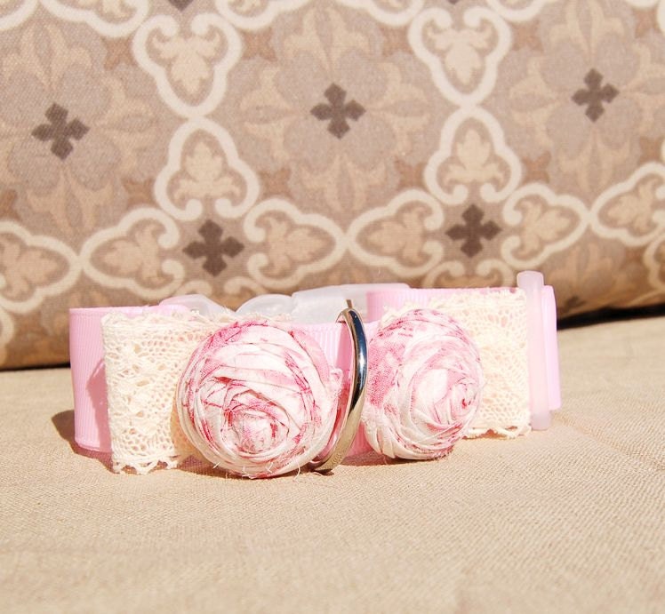Beautiful pink silk collar for dog or cat , wedding dog collar, birthday gift for your dog,dog fashion, pink with Ivory lace collar for dog