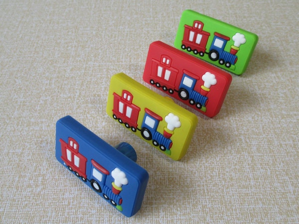 Kids Dresser Drawer Knobs Handle Pulls Red Blue Yellow Green Car Train / Cabinet Handles Pull Knobs Home Decor Baby Children Boys Girls Room