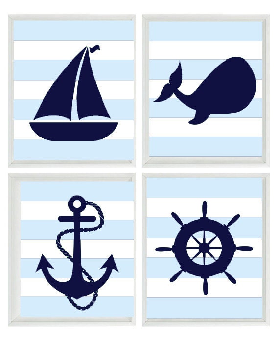Nautical Nursery Art Print Set -  Navy Blue White Light Blue  Stripes Decor - Whale Anchor Sailboat Wheel - Wall Art Home Decor Set 4 8x10