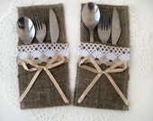 Set of 6-Burlap Silverware Holders , Rustic table decor