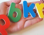 Wooden letter brooches.wooden toy children's fun primary colour alphabet brooch pin.fun wooden indie cute bold.colourful alphabet jewellery.