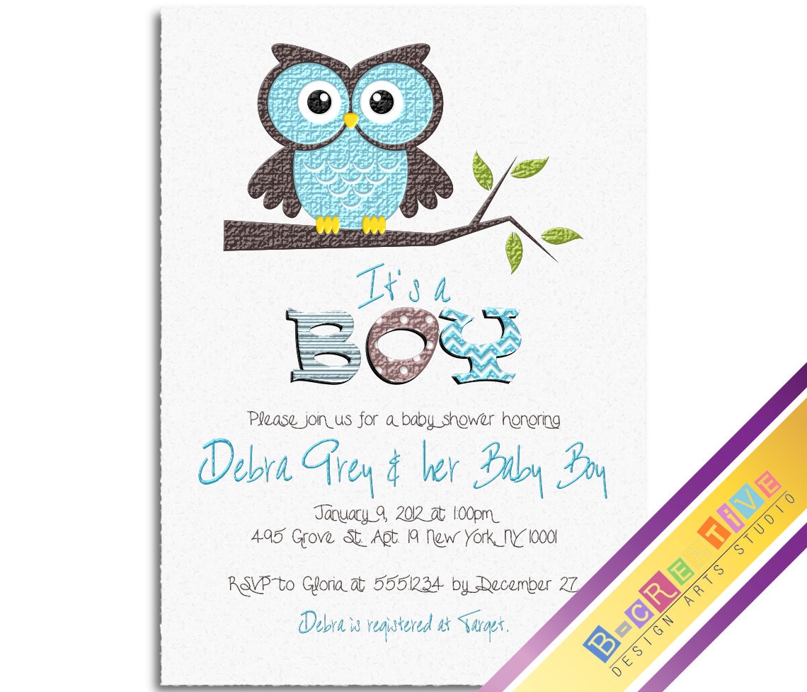 DIY - Digital Printable Personalized Custom "Cute Blue Owl" Baby Boy's Baby Shower Invitation