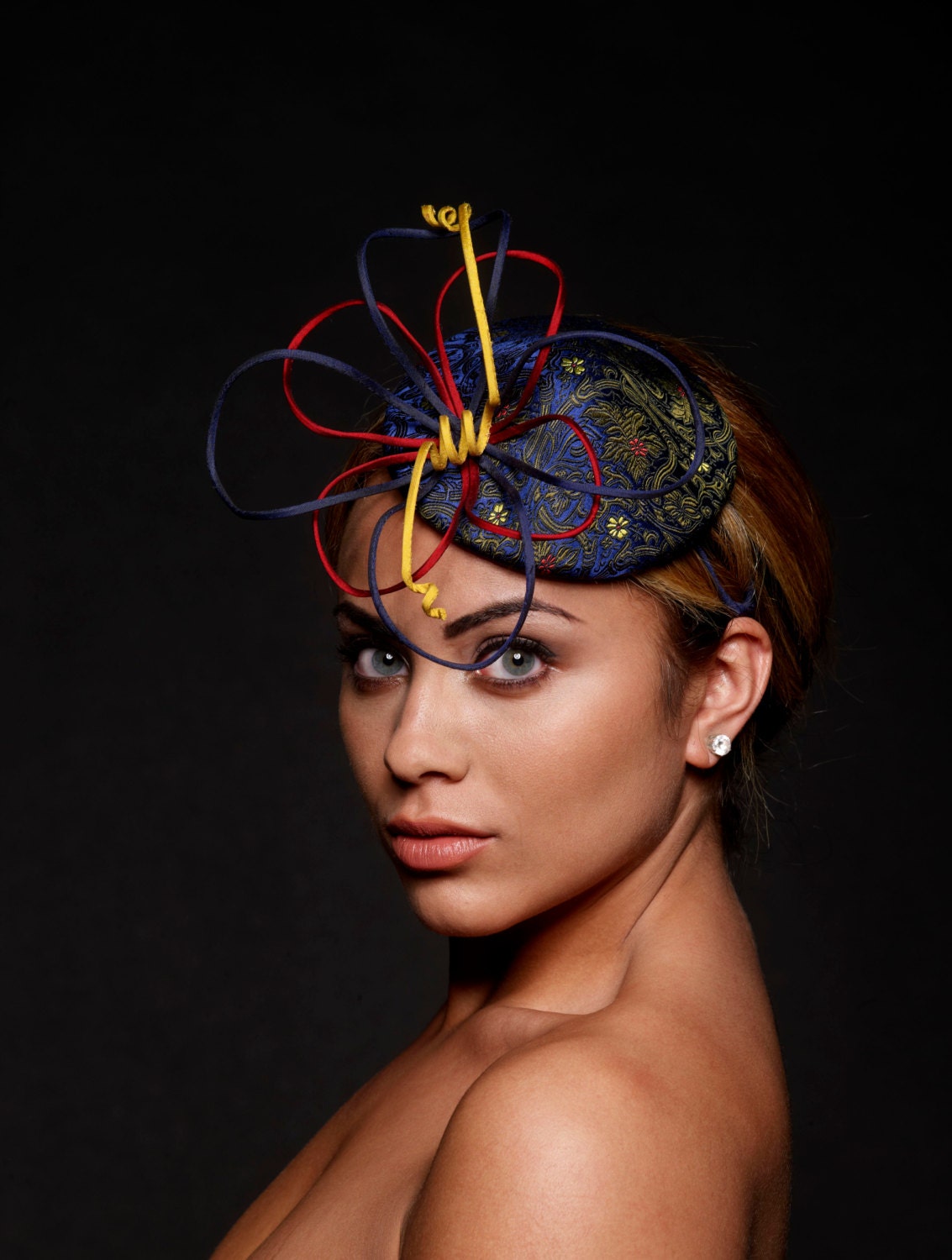 Elizabeth: Blue and multi coloured floral silk headpiece / fascinator. Spring / Summer 2013