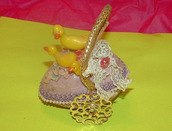 Antique Handmade Easter Decoration Flocked Egg ,wheels,Ducks and Flowers