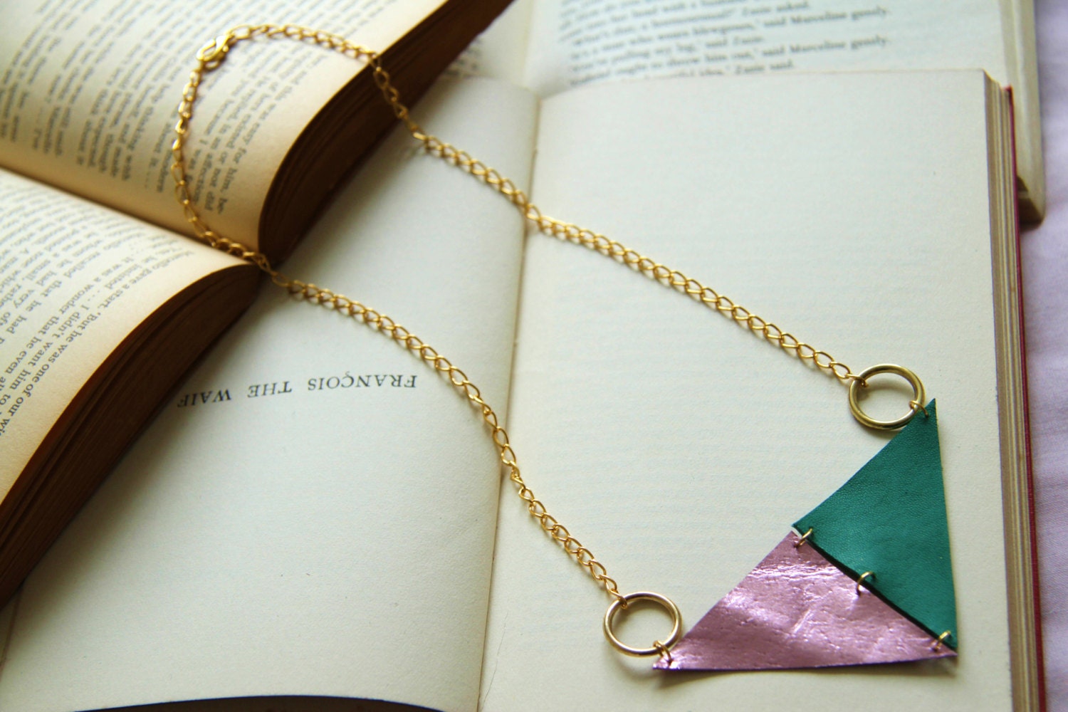 Leather Mint & Metallic Pink Geometric Statment Necklace
