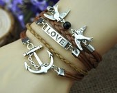 Man's charm bracelet, retro silver bird and beads & anchor love bracelet, brown cotton rope and leather cord bracelet S761