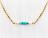 Modern Tribal Beaded Bar Necklace w/ Vintage Brass Chain - Teal Blue - Boho Jewelry Bohemian Jewelry Tribal Jewelry - Simple Necklace