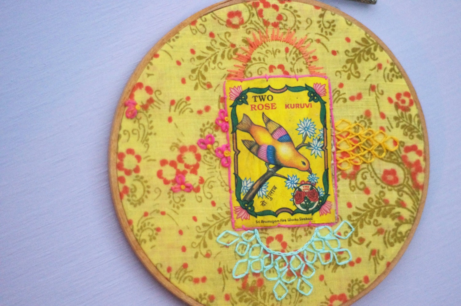 Two Rose Hoop Embroidery Mixed Media Wall Hanging
