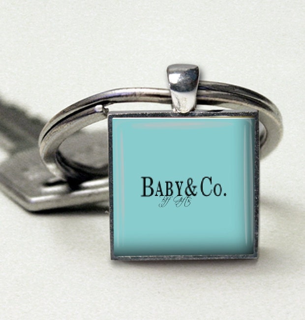 Tiffany Style Keychain Baby & Co Blue in Silver Setting Handmade Glass Cabochon Key Chain New Baby Tiffany Gift for Her Under 15