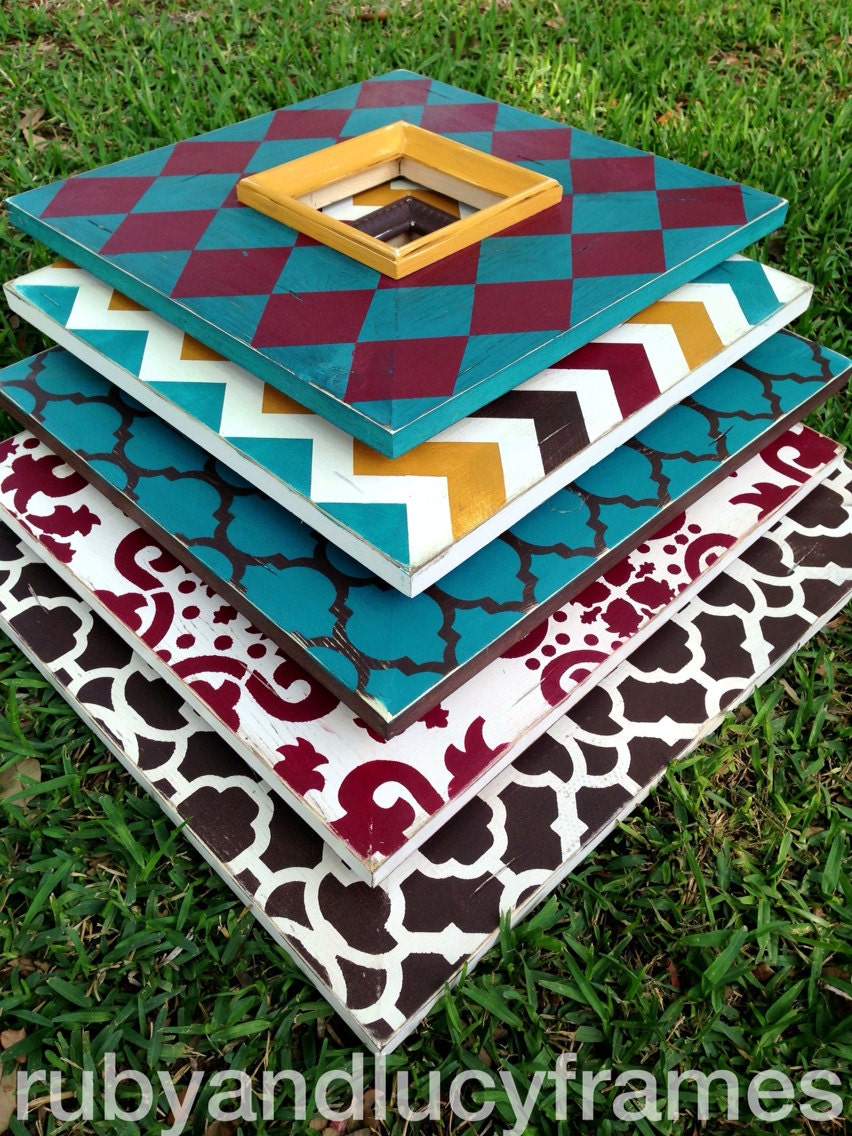 the elizabeth collection--set of five distressed frames, moroccan, chevron, casablanca, damask, & harlequin