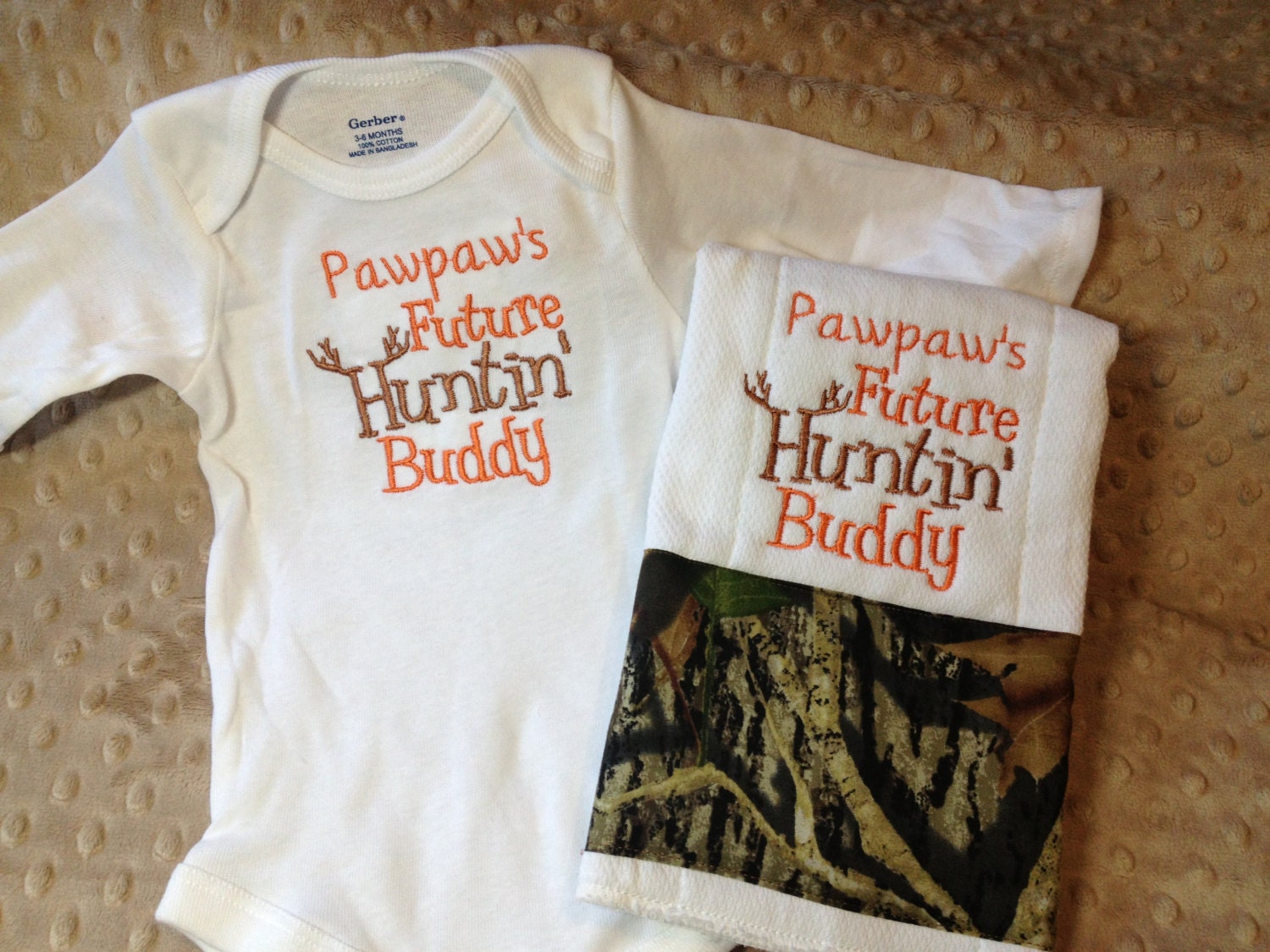 Embroidered Onesie and Burp Cloth set, customized Papaw's, Nana's, Grandpa's....Future Hunting buddy, boy or gorl colors