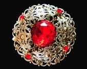 Vintage Czech Brooch Red Rhinestone Filigree Classic