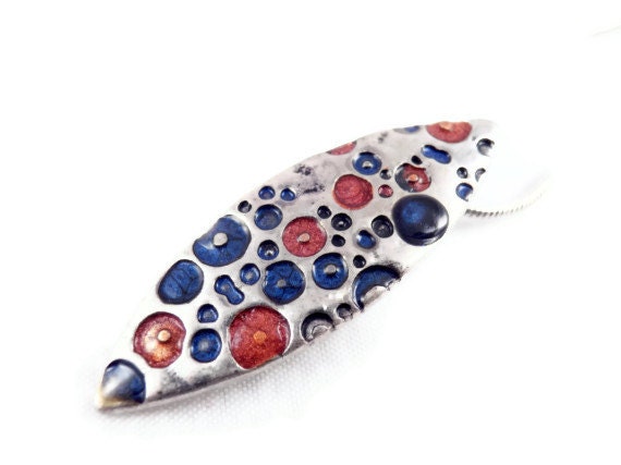 small multi color necklace pendant dark blue red pendant hand painted necklace