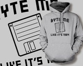 Byte Me Like Its 1984 Floppy Disk Screen Printed Hoodie Hooded Sweatshirt Mens Womens Ladies Youth Kids Funny Retro Computer Nerd Geek