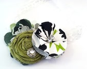 Green, Lime Green, Black, White, Fabric Flower Headband, Brooch, Girls Headband, Women's Headband, Hair Accessory 
